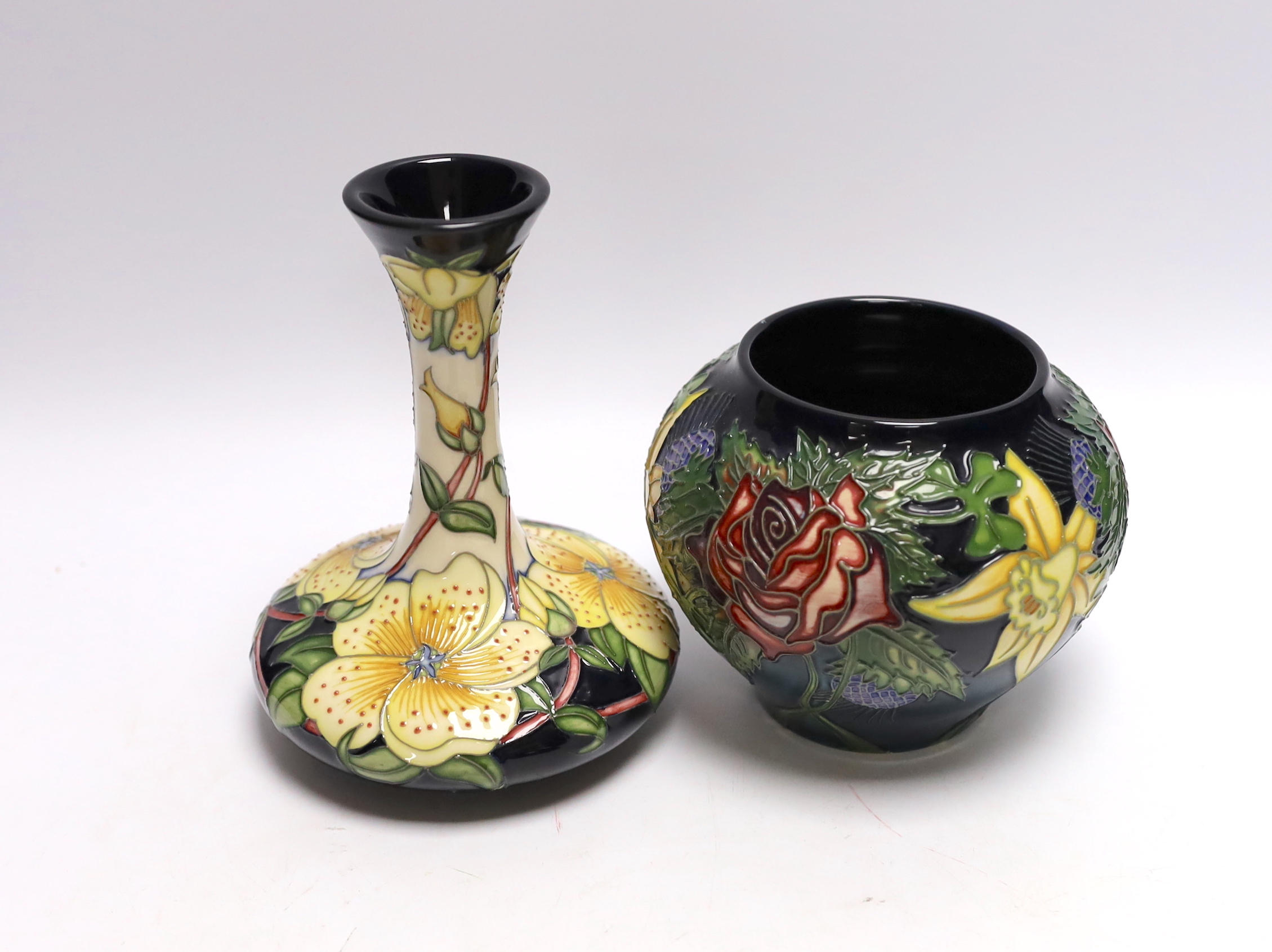 Two modern Moorcroft vases and two small bowls, tallest 16cm